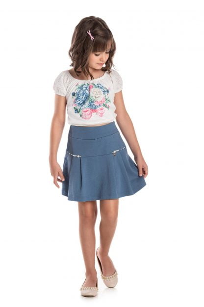 Conjunto Infantil Blusa e Short Saia Menina - Azul - 12