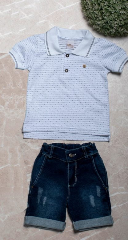 Conjunto Camisa Polo e Bermuda Jeans Menino - Branco - 8