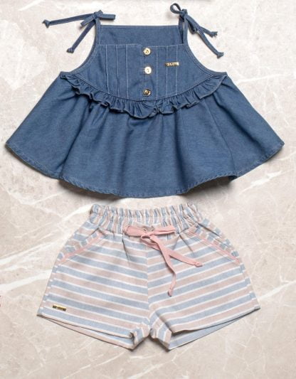 Conjunto Estiloso Donatela, Blusa Jeans e Shorts Menina