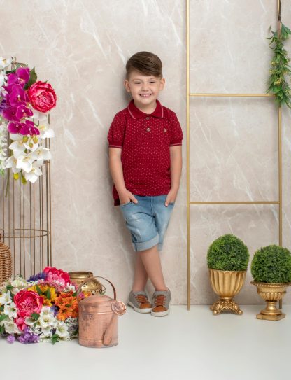 Conjunto Infantil Camisa Polo e Bermuda Jeans - Vermelho - 3