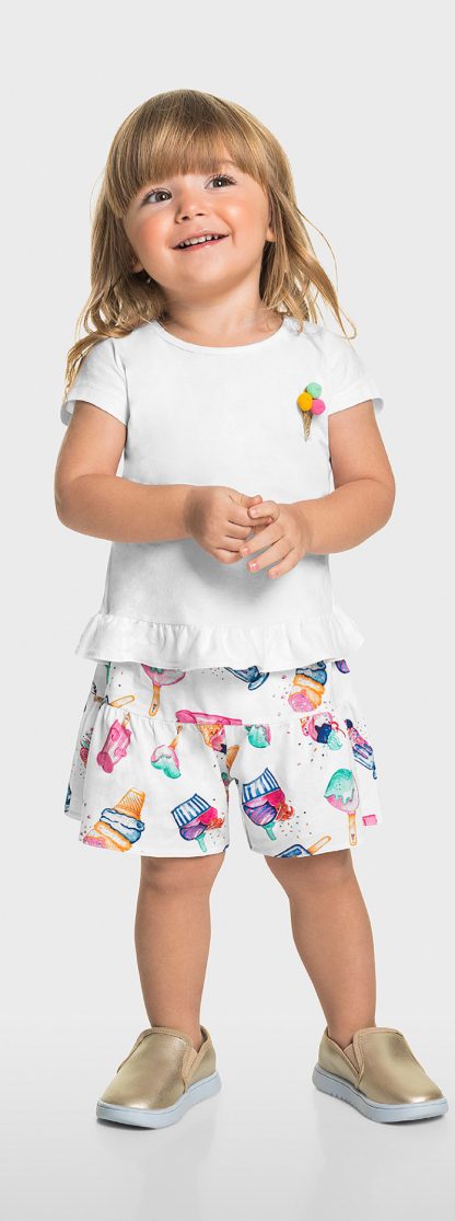 Conjunto Infantil Blusa e Short Menina - Branco - 4