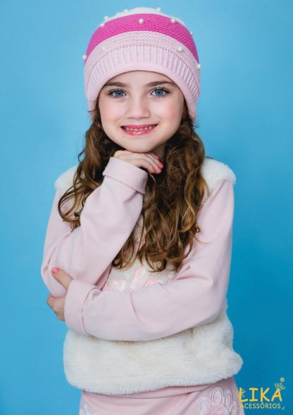 Touca Tricot Riqueza com Pérola Menina - Rosa - G