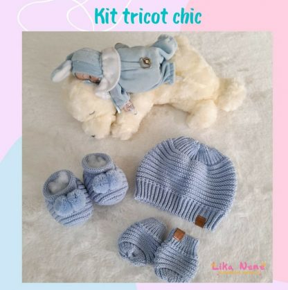 kit Touca Tricot Chic Bebê - Azul - RN
