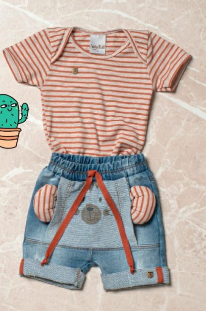 Conjunto Bebê Body e Bermuda Jeans - Marrom - GG