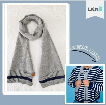 Cachecol Lã Tricot Estiloso Menino com Listra - Cinza - U