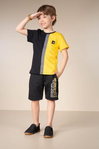 Conjunto Infantil Juvenil Menino Verão Camiseta e Bermuda - Amarelo - 12