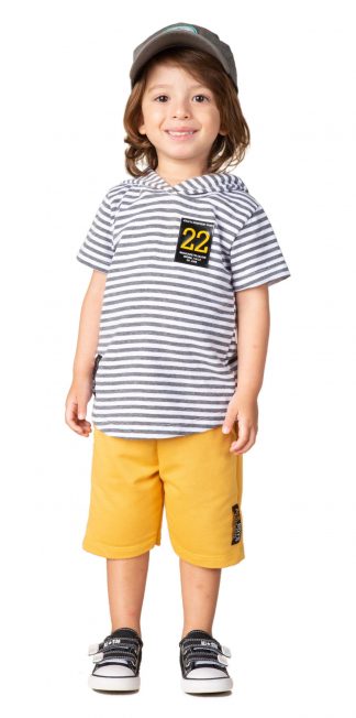 Conjunto Infantil Camiseta com Capuz e Bermuda - Amarelo - 3