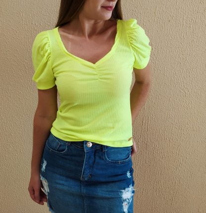 Blusa Canelada Manga Bufante Feminina - Amarelo - GG