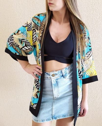 Kimono Cardigan Quimono Feminino de Verão - Azul - G