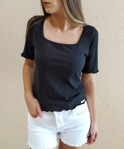 Blusa Feminina Canelada Decote Quadrado - Preto - GG