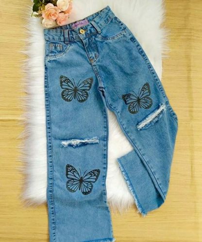Calça Wide Leg Jeans Infantil Juvenil Menina - Azul-marinho-Borboleta - 16