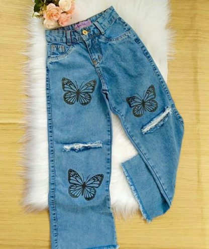 Calça Wide Leg Jeans Infantil Juvenil Menina - Azul-marinho-Borboleta - 16