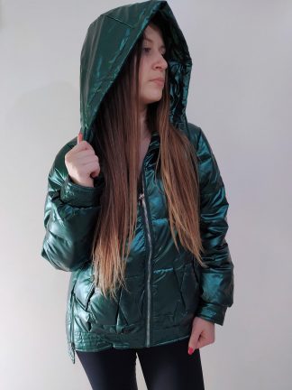 Jaqueta Metalizada Puffer Puf Bobojaco Gominho Feminina - Verde (com capuz) - GG-44-46