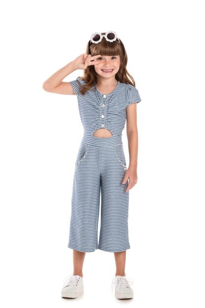 Macacao Pantacourt Infantil Moda Blogueira Roupa Para Menina - Azul - 14