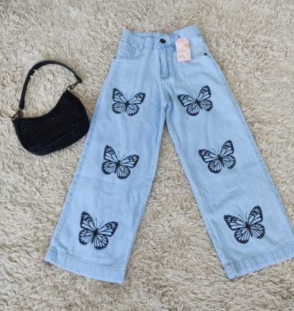 Calça Wide Leg Jeans Infantil Juvenil Menina - Azul-Borboleta - 16