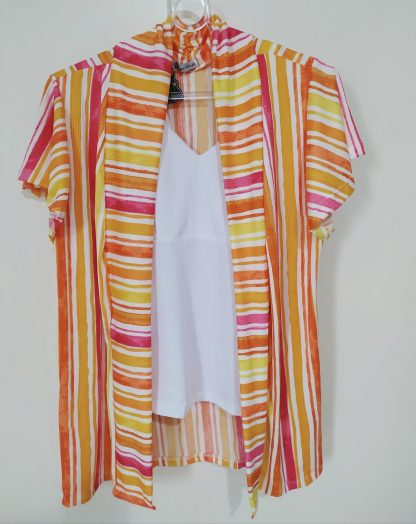 Conjunto Feminino Kimono e Blusa Moda Verão até o Plus Size - Laranja e Branco - G4