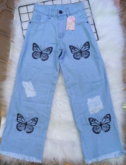 Calça Wide Leg Jeans Infantil Juvenil Menina - Azul Borboleta Destroyed - 16