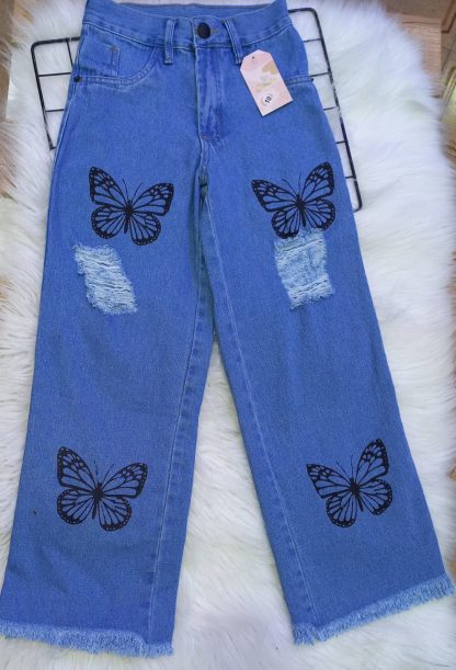 Calça Wide Leg Jeans Infantil Juvenil Menina - Marinho Borboleta Destroyed - 16