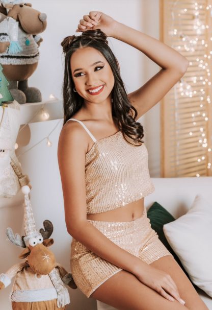Conjunto Paete Brilho Juvenil Menina Festa Natal Ano Novo - Dourado - 16