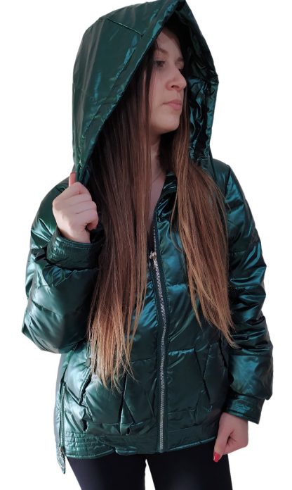 Jaqueta Metalizada Puffer Puf Bobojaco Gominho Feminina - Verde (com capuz) - GG-44-46