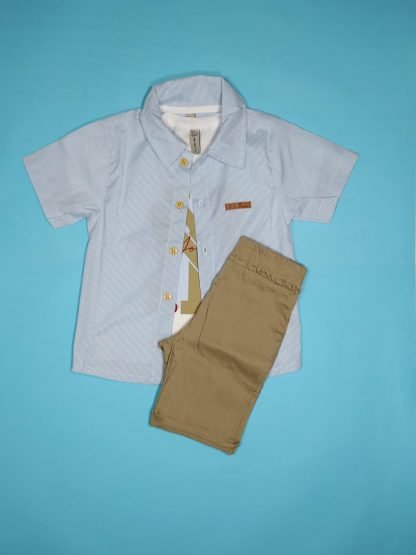 Conjunto Infantil Camiseta, Camisa e Bermuda - Bege - 1