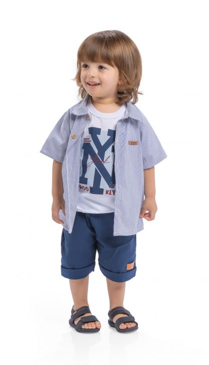 Conjunto Infantil Camiseta, Camisa e Bermuda - Azul-marinho - 3